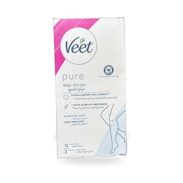 Veet Pure Wax Strips Sensitive Skin (Legs & Body) • 12 strips + 2 wipes